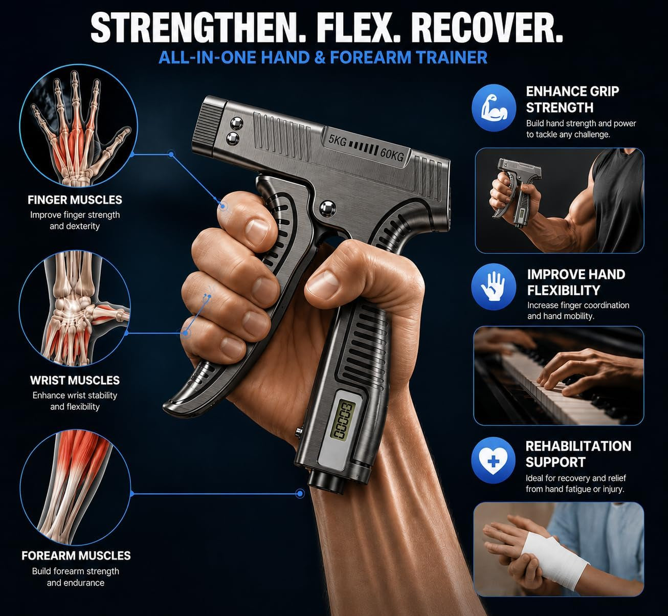 Grip Strength Trainer with Finger Exerciser, Digital Counter Adjustable Hand Grip Strengthener Trigger-Style Grip Strength Trainer, Index-Finger Squeeze Trainer for Strength Training, Recovery and Muscle Building