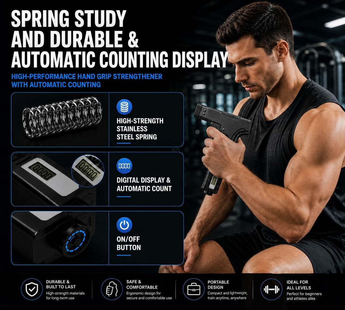 Grip Strength Trainer with Finger Exerciser, Digital Counter Adjustable Hand Grip Strengthener Trigger-Style Grip Strength Trainer, Index-Finger Squeeze Trainer for Strength Training, Recovery and Muscle Building