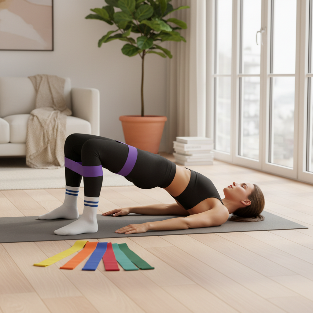 Woman exercising with resistance bands in a modern living room