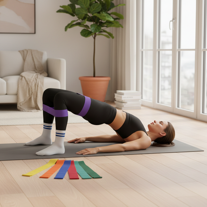 Woman exercising with resistance bands in a modern living room