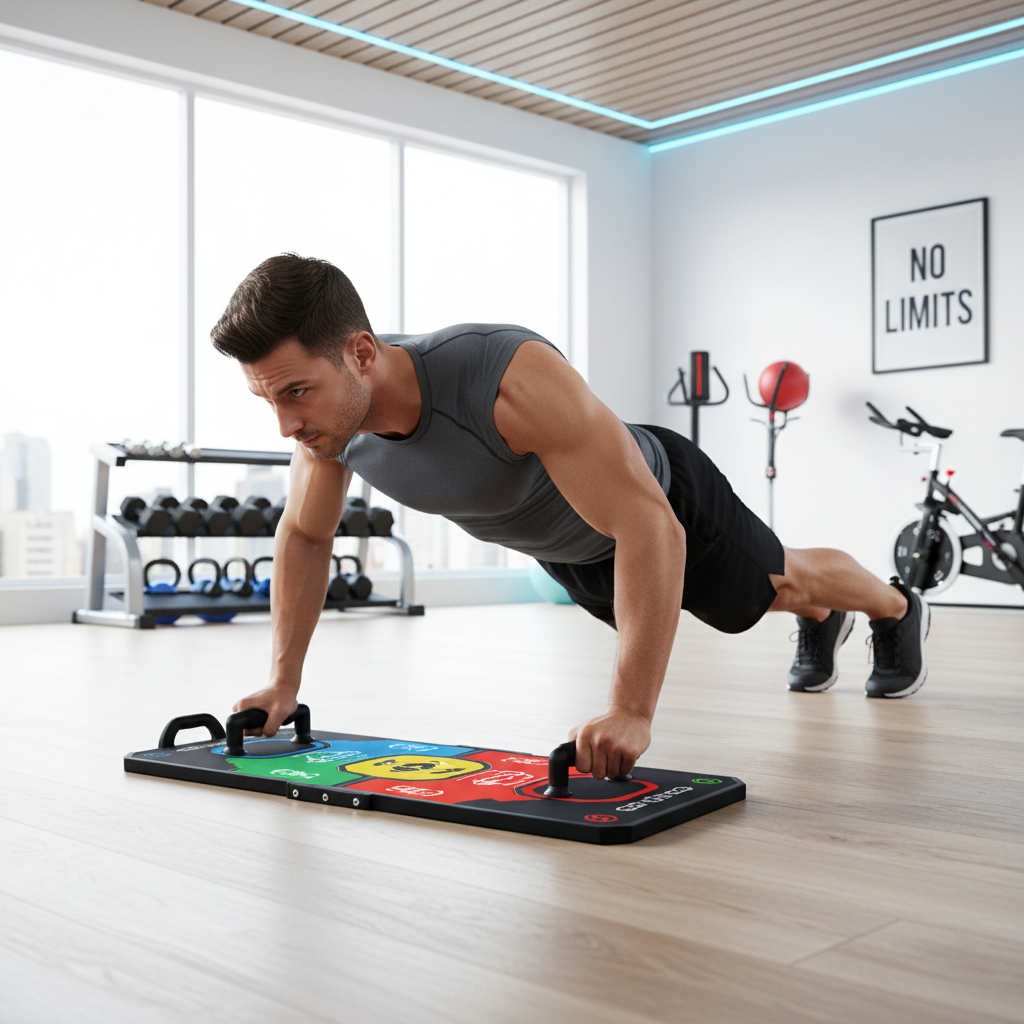 Man doing push-ups on a colorful push-up board in a home gym